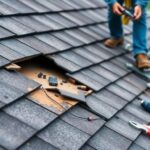 Damaged roof with contractor inspecting for repairs.
